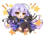 1girl :d ahoge bare_shoulders black_footwear blue_dress blue_gloves blush boots breasts brown_eyes chibi commentary_request dress fingerless_gloves full_body gloves highres knees_together_feet_apart knees_up low_twintails medium_breasts milkpanda notice_lines outstretched_arm purple_hair short_eyebrows simple_background smile solo starry_background thick_eyebrows thigh_boots twintails vocaloid white_background xingchen 