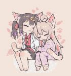  2girls :3 :d =_= ahoge animal_ear_fluff animal_ears arm_hug artist_name belt black_hair black_skirt body_fur bolo_tie cat_ears cat_girl cat_tail commentary_request fang full_body furrification furry furry_female hair_ornament hair_ribbon hairclip lab_coat long_hair long_sleeves matado_(almukha) multiple_girls onii-chan_wa_oshimai! open_mouth pajamas pink_background pink_fur pink_hair pink_pajamas pleated_skirt red_ribbon red_shirt ribbon shirt siblings simple_background sisters sitting skirt smile tail twintails twitter_username whiskers 