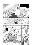  1girl :o cloak collar comic from_side greyscale hug hug_from_behind karaagetarou long_hair long_sleeves monochrome open_mouth original outdoors path picture_frame power_tool profile road speech_bubble surprised sweatdrop talking translated 