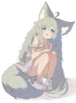  1girl ahoge animal_ear_fluff animal_ears blue_eyes dress fox_ears fox_girl fox_tail grey_hair hands_on_own_knees highres long_hair messy_hair mote_max open_mouth original shoes short_dress sleeveless sleeveless_dress solo squatting strap_slip sundress tail thighs very_long_hair white_dress white_footwear 