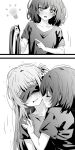  2girls blindfold blush closed_eyes covered_eyes greyscale hand_on_another&#039;s_shoulder highres holding holding_ribbon kiss kissing_neck light_bulb long_hair lwmina70119 medium_hair miyagi_shiori monochrome multiple_girls open_mouth parted_lips ribbon sendai_hazuki short_sleeves shuuniichido_classmate_wo_kau_hanashi sweatdrop trembling yuri 