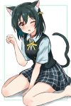  1girl ;o animal_ear_fluff animal_ears black_vest blue_shirt blue_skirt blush cat_ears cat_tail choker commentary_request fang green_hair hair_ribbon highres katanashi_(ktnsh_popu) looking_at_viewer love_live! love_live!_nijigasaki_high_school_idol_club mifune_shioriko neck_ribbon nijigasaki_academy_school_uniform one_eye_closed open_mouth plaid plaid_skirt red_choker red_eyes ribbon school_uniform shirt short_hair short_sleeves sidelocks sitting skirt solo summer_uniform tail upper_body vest wariza white_shirt yellow_ribbon 