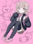  1girl :o alternate_hair_ornament backpack bag black_jacket black_thighhighs brown_hair brown_skirt danganronpa_(series) danganronpa_2:_goodbye_despair flipped_hair highres jacket knees_up long_sleeves medium_hair monomi_(danganronpa) nabi_(mabinabi0625) nanami_chiaki neck_ribbon open_clothes open_jacket pink_background pink_eyes pink_ribbon ribbon shoes sketch skirt solo thighhighs 