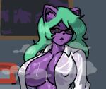 anthro big_breasts bodily_fluids breasts clothed clothing domestic_cat electronics eyewear felid feline felis female female_anthro framed_picture glasses glistening glistening_body glistening_breasts green_hair hair kero_blaster long_hair looking_aside low_res mammal musk musk_clouds musky_breasts nipple_outline no_bra open_clothing phone purple_body purple_breasts purple_ears royalmilk20 shacho_(kero_blaster) solo sweat sweaty_body sweaty_breasts topwear wearing_glasses wet wet_clothing white_clothing white_topwear white_uniform