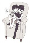  2boys :o antenna_hair armchair bare_shoulders between_legs black_eyes black_hair black_shirt black_tank_top black_thighhighs bright_pupils brown_shorts chair child chromatic_aberration collarbone commentary_request dot_nose dual_persona earbuds earphones expressionless flat_color full_body highres holding kneehighs knees_up male_focus multiple_boys no_shoes omori omori_(omori) on_chair shared_earphones shirt short_hair short_sleeves shorts simple_background sitting socks sunny_(omori) t-shirt tank_top thighhighs toastytoast walkman white_background white_pupils white_shorts white_socks 