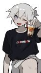  122pxsheol 1boy :d bubble_tea cup fang highres holding holding_cup light_blush long_eyelashes one_eye_closed original print_shirt purple_eyes shirt short_ponytail shorts smile solo t-shirt watch white_background white_hair white_shorts wristwatch 