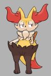 anthro areola blush braixen breasts butt_from_the_front clitoris female fur generation_6_pokemon genitals hi_res hiddenbraix inner_ear_fluff looking_aside low-angle_view nintendo nipples pokemon pokemon_(species) pussy red_body red_fur shaded simple_background simple_shading solo tuft white_body white_fur yellow_body yellow_fur