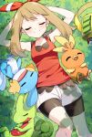  1girl arm_behind_head bag bike_shorts bike_shorts_under_shorts blonde_hair blush bow_hairband breasts closed_eyes closed_mouth commentary_request day eyelashes from_above hairband highres knees lying may_(pokemon) mudkip on_back outdoors pokemon pokemon_(creature) pokemon_oras shirt shorts sleeveless sleeveless_shirt smile split_mouth starter_pokemon_trio torchic treecko unworn_bag yuihico 