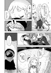  1girl :o ^_^ bangs blush cloak closed_eyes closed_mouth comic desert dress greyscale head_tilt hug hug_from_behind karaagetarou long_hair long_sleeves monochrome original parted_lips sand thick_thighs thighs translated upper_body 