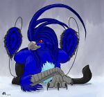 2003 ambiguous_gender avian beak black_body black_fur black_tail blue_body blue_countershading blue_feathers blue_pseudo_hair claws countershade_torso countershading dated digital_drawing_(artwork) digital_media_(artwork) facial_markings feathers feet feral fur grey_background grey_talons gryphon head_markings markings multicolored_body multicolored_feathers mythological_avian mythological_creature mythology paws red_eyes shaded signature simple_background sitting smile solo tail tail_feathers talons toes wings zara_gillespie