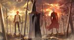 2boys archer_(fate) cloud cloudy_sky coat dark-skinned_male dark_skin emiya_shirou fate/stay_night fate_(series) from_behind gears highres kanshou_&amp;_bakuya_(fate) male_focus multiple_boys pants planted planted_sword red_coat red_hair sky split_theme sword twilight unlimited_blade_works_(fate) weapon white_hair zonotaida 