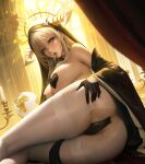  1girl ahegao ass azur_lane bare_shoulders black_gloves black_panties blonde_hair breasts candlestand chinese_commentary cleavage crotchless crotchless_pantyhose fake_horns from_behind globe gloves hair_between_eyes half_gloves halo hand_on_own_ass heart_pasties horns huge_breasts implacable_(azur_lane) indoors long_hair looking_at_viewer lying nun on_side panties pantyhose pasties pussy_juice red_eyes rolling_eyes saliva saliva_trail solo thighband_pantyhose tongue tongue_out underwear user_tjee7473 veil very_long_hair white_horns white_pantyhose 