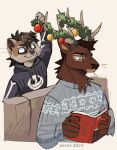 aevris anthro antlers book brown_body brown_fur christmas clothed clothing deer duo fur hi_res holidays horn humor male mammal ryker_(aevris) smile sweater topwear whiskers