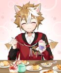  1boy alternate_costume animal_ears brown_hair cake closed_eyes closed_mouth dog_boy dog_ears food genshin_impact glass gorou_(genshin_impact) gorou_(sushiro)_(genshin_impact) hair_between_eyes hair_ornament hairclip highres ice_cream iroiro_0w0 long_sleeves looking_at_viewer male_focus multicolored_hair pudding red_hood sangonomiya_kokomi smile streaked_hair tail white_hair 