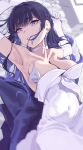  1girl absurdres armpits bed_sheet black_hair blue_archive blue_eyes breasts choker cleavage closed_mouth dress elbow_gloves gloves gubbi_on highres large_breasts long_hair looking_at_viewer official_alternate_costume saori_(blue_archive) saori_(dress)_(blue_archive) solo white_choker white_dress white_gloves 