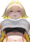  :3 ahoge breasts commentary_request elegg_(nikke) from_below goddess_of_victory:_nikke hair_intakes highres large_breasts long_sleeves looking_at_viewer medium_hair navel nishinokyo open_mouth purple_eyes simple_background smile tongue tongue_out white_background 