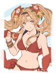  1girl bikini black_hairband blonde_hair blue_eyes bracelet breasts earrings flower granblue_fantasy hair_between_eyes hair_flower hair_ornament hairband jewelry looking_at_viewer medium_breasts red_bikini shimatani_azu side-tie_bikini_bottom sidelocks smile swimsuit twintails zeta_(granblue_fantasy) zeta_(summer)_(granblue_fantasy) 