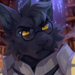 1:1 anthro armor black_eyebrows bust_portrait clothed clothing corzh77 eyebrows eyewear felid front_view fur glasses grey_body grey_ears grey_fur grey_hair grey_inner_ear_fluff hair hi_res inner_ear_fluff inside male mammal mouth_closed narrowed_eyes portrait round_glasses solo tuft yellow_eyes