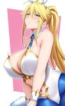  1girl absurdres animal_ears arind_yudha artoria_pendragon_(fate) artoria_pendragon_(swimsuit_ruler)_(fate) bare_arms bare_shoulders blonde_hair blue_necktie blue_pantyhose breasts closed_mouth detached_collar fake_animal_ears fate/grand_order fate_(series) green_eyes highres large_breasts leotard long_hair looking_at_viewer navel necktie pantyhose playboy_bunny ponytail rabbit_ears sidelocks solo white_leotard 