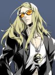  1boy black_jacket blonde_hair blue_background collarbone fate/grand_order fate_(series) jacket jewelry kotobuki_toro long_hair looking_at_viewer male_focus necklace orange-tinted_eyewear parted_lips pectoral_cleavage pectorals solo tezcatlipoca_(fate) tinted_eyewear upper_body 