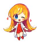  1girl absurdres blue_eyes blush chibi coat dress heart highres long_hair mona_(warioware) offbeat one_eye_closed open_clothes open_coat open_mouth orange_hair red_dress red_footwear simple_background smile warioware white_background white_coat 