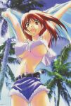  1990s_(style) 1girl absurdres arms_up belt breasts copyright_notice covered_nipples cowboy_shot crop_top day denim fang highres huge_breasts long_hair looking_at_viewer mixed_media nanako_kaitai_shinsho non-web_source official_art open_mouth outdoors palm_tree photo_background red_eyes red_hair retro_artstyle scan shichigusa_nanako short_shorts shorts solo standing tree yamashita_toshinari 