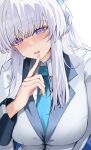  1girl absurdres blue_archive blue_necktie blush breasts collared_shirt fingernails grey_hair highres jacket large_breasts long_hair long_sleeves looking_at_viewer necktie noa_(blue_archive) open_clothes open_jacket open_mouth purple_eyes san_(harutuki_3) shirt simple_background solo two-sided_fabric two-sided_jacket upper_body white_background white_jacket white_shirt 