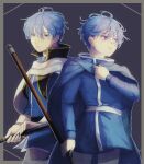  2boys blue_cape blue_eyes blue_hair blue_shirt border brown_border cape closed_mouth commentary_request finn_(fire_emblem) fire_emblem fire_emblem:_genealogy_of_the_holy_war hair_between_eyes high_collar highres himmel_(sousou_no_frieren) holding holding_weapon kabos_(kabos000kbs) look-alike male_focus multiple_boys pants parted_lips purple_background shirt short_hair sousou_no_frieren standing weapon white_cape white_pants 