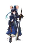  1girl animal_ears armor armored_dress black_hair blue_hair crossbow dress faulds gauntlets gemi_ningen greatsword hair_through_headwear hands_on_hilt helmet highres holding holding_crossbow holding_weapon long_hair looking_at_viewer mouse_ears mouse_girl mouse_tail original ponytail red_eyes solo sword tail weapon zweihander 