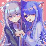  2girls ;d animal_ears black_jacket blue_hair blue_sailor_collar cat_day cat_ears cat_girl cat_tail collared_shirt danganronpa:_trigger_happy_havoc danganronpa_(series) donburi_(minami_don) fang grey_shirt hair_ornament hairclip hand_up highres jacket kirigiri_kyoko maizono_sayaka multiple_girls necktie one_eye_closed open_clothes open_jacket orange_necktie paw_pose pink_background sailor_collar shirt smile tail 