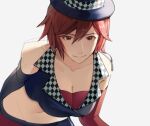  1girl asymmetrical_gloves bqcrop breasts cleavage crop_top elbow_gloves gloves grin hat large_breasts leaning_forward meiko_(vocaloid) mismatched_gloves navel red_eyes red_hair sketch smile solo top_hat vocaloid 