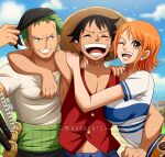  1girl 2boys :d bandana black_hair breasts earrings english_commentary green_hair grin happy haramaki hat highres hug jewelry katana large_breasts monkey_d._luffy multiple_boys nami_(one_piece) one_eye_closed one_piece open_mouth orange_eyes orange_hair outdoors pants rakara11_(rakkarts) roronoa_zoro scar scar_on_cheek scar_on_face shirt short_hair smile straw_hat sword teeth vest weapon white_shirt 