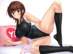  1girl amagami black_one-piece_swimsuit black_socks blue_one-piece_swimsuit blush breasts brown_eyes brown_hair closed_mouth commentary_request commission competition_swimsuit condom condom_packet_strip condom_wrapper covered_navel dated grey_background hair_over_shoulder highleg highleg_swimsuit highres kneehighs large_breasts leg_hold long_hair looking_at_viewer no_shoes one-piece_swimsuit partially_visible_vulva pixiv_commission sakurai_rihoko signature simple_background smile socks solo spread_legs swimsuit two-tone_swimsuit yes yes-no_pillow yoo_tenchi 