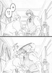  comic dio_brando graphite_(medium) greyscale headbutt jojo_no_kimyou_na_bouken jonathan_joestar monochrome multiple_boys parody robert_eo_speedwagon traditional_media translated utano 