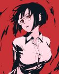  1girl arms_behind_back blunt_ends bob_cut collared_shirt commentary dress_shirt durarara!! eyelashes glasses high_contrast looking_at_viewer loose_hair_strand moshimoshibe parted_lips red_background red_eyes rimless_eyewear romaji_commentary round_eyewear shirt short_hair sonohara_anri teeth turning_head upper_body upper_teeth_only white_shirt 