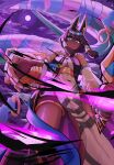  1girl animal_ears black_hair circlet closed_mouth cloud commentary dark-skinned_female dark_skin detached_sleeves dragalia_lost egyptian_clothes english_commentary fake_animal_ears hair_ornament highres jackal_ears jewelry magic nefaria outdoors pelvic_curtain purple_sky short_hair sky solo ttikhii 