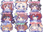  6+girls animal_ears blush brown_hair closed_eyes commentary_request dantsu_flame_(umamusume) espoir_city_(umamusume) fang gentildonna_(umamusume) glasses headband highres horse_ears horse_girl long_hair looking_at_viewer mokemongetdaze multiple_girls no_reason_(umamusume) orfevre_(umamusume) red_eyes saliva smile smug still_in_love_(umamusume) translation_request triangle_mouth umamusume white_background win_variation_(umamusume) 