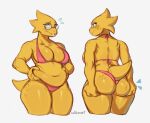 alphys anthro belly_grab big_breasts big_butt bikini breasts buckteeth butt clothing eyewear female freckled_butt freckles front_view glasses hdhxrrfg hi_res lizard looking_at_viewer nerd rear_view reptile round_glasses scalie simple_background slightly_chubby solo standing swimwear tail teeth undertale_(series) white_background