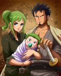  1girl 2boys absurdres aged_down baby black_hair breasts carrying closed_mouth earrings english_commentary facial_hair family father_and_son green_eyes green_hair highres husband_and_wife japanese_clothes jewelry katana kimono lips long_hair looking_at_viewer mother_and_son multiple_boys one_piece pacifier pants ponytail rakara11_(rakkarts) roronoa_arashi roronoa_zoro shirt short_hair sword tera_(one_piece) weapon 