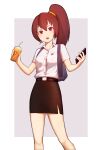  1girl absurdres bag belt black_skirt blush cellphone collared_shirt cup highres holding holding_cup laflora long_hair miniskirt office_lady open_mouth pencil_skirt phone red_eyes shirt short_sleeves side_ponytail skirt tana_m tiwa_pudpichya white_shirt 