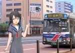  1girl black_hair blue_eyes blue_sailor_collar blush braid building bus c2_kikan commentary_request day dress hair_between_eyes hitakikan looking_at_viewer motor_vehicle neckerchief open_mouth outdoors road sai-chan sailor_collar sailor_dress short_sleeves solo street twin_braids 