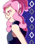  1girl bare_arms crop_top from_side glasses malva_(pokemon) open_mouth pink_hair pokemon pokemon_xy red-framed_eyewear smirk solo upper_body yu_(mekeneko1998) 