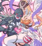  2girls angel_wings angewomon ass_grab bare_shoulders black_bodysuit blonde_hair blue_skin bodysuit breasts chain cleavage colored_skin covered_eyes digimon eye_mask feathered_wings futa_yuri_ryona grey_hair head_wings heart heart_hands heart_hands_duo heart_in_mouth helmet highres ladydevimon large_breasts long_hair multiple_girls multiple_wings red_eyes ribbon sharp_teeth teeth torn_bodysuit torn_clothes wings yuri 