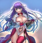  1girl absurdres blue_eyes blunt_bangs breasts capelet center_opening cleavage fate/grand_order fate_(series) gauntlets gloves highres jewelry large_breasts long_hair looking_at_viewer martha_(fate) navel purple_hair red_gloves red_thighhighs ri-ko solo straight_hair thighhighs very_long_hair 