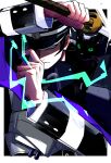  1boy animal_on_shoulder black_cat black_headwear cat cat_on_shoulder closed_eyes devil_summoner gouto green_eyes grey_eyes hat highres holding holding_sword holding_weapon kokusoji kuzunoha_raidou long_sleeves looking_at_viewer male_focus megami_tensei peaked_cap sideburns sword upper_body weapon 