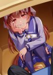  1girl animal_ears blush breasts brown_eyes brown_hair chair collarbone commentary_request grin hair_between_eyes highres horse_ears horse_girl horse_tail kamelie pov sitting small_breasts smile solo still_in_love_(umamusume) tail thighhighs umamusume under_table yandere 