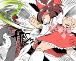  1girl 1other angry apron back_bow blood blush bow brown_hair clenched_teeth commentary_request cookie_(touhou) cutting detached_sleeves dress emphasis_lines feet_out_of_frame frilled_bow frilled_hair_tubes frills grater hair_bow hair_tubes hakurei_reimu holding long_hair medium_bangs pink_apron pink_bow red_bow red_dress rurima_(cookie) sidelocks sleeveless sleeveless_dress socks solo_focus teeth tetugakuzonbi touhou white_sleeves white_socks 