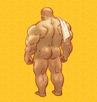  1boy absurdres arms_at_sides ass bara buzz_cut cloud_background completely_nude facing_away from_behind full_body hairy highres kemonamon male_focus muscular muscular_male nude original short_hair solo standing strongman_waist thick_arm_hair thick_ass_hair thick_leg_hair thick_thighs thighs very_short_hair yellow_background 