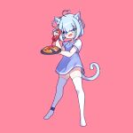  1girl animal_ears blue_eyes blue_hair cat_ears cat_tail cross_(vgne4542) food highres jelly_hoshiumi phase_connect pizza simple_background smile solo tail 