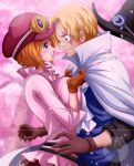  1boy 1girl absurdres ascot blonde_hair blue_eyes breast_press breasts brown_gloves burn_scar closed_mouth clothes_grab crying crying_with_eyes_open english_commentary frills gloves hat hetero highres koala_(one_piece) large_breasts lips long_sleeves looking_at_another miniskirt one_piece orange_hair pants petals pink_shirt pout rakara11_(rakkarts) red_skirt sabo_(one_piece) scar scar_on_face shirt short_hair skirt smile tears top_hat 